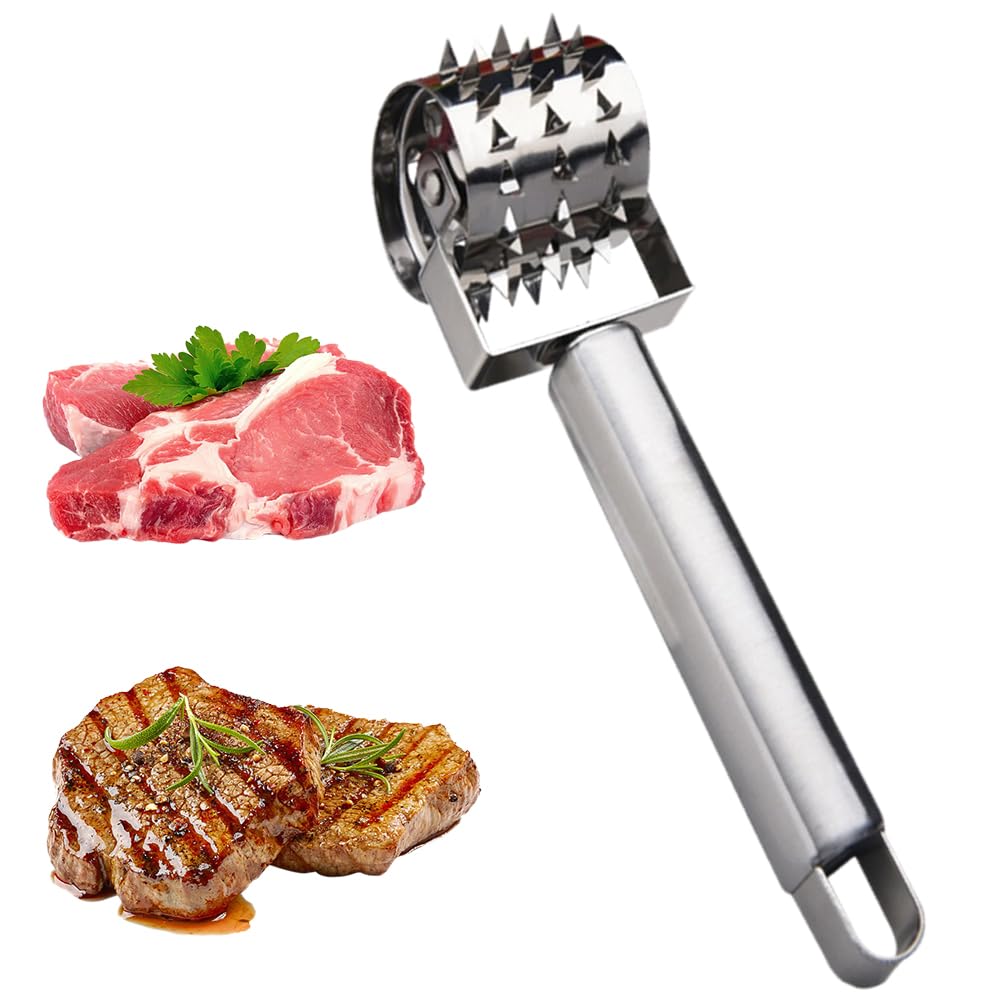Meat Tenderizer, 2024 New Stainless Steel Meat Tenderizer Roller Rolling Hammer-Pizza Roll Meat Needle Pin Hole Punch for Steak Chicken Pork Beef