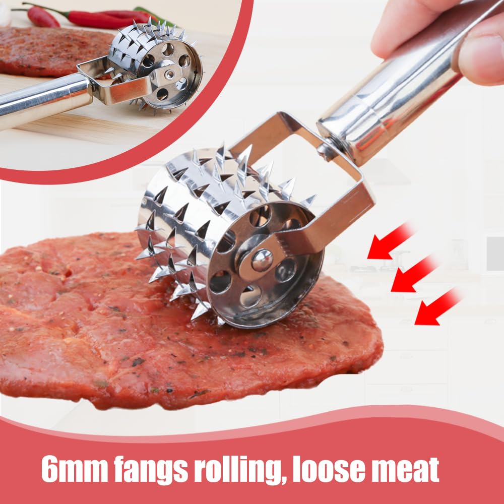Meat Tenderizer, 2024 New Stainless Steel Meat Tenderizer Roller Rolling Hammer-Pizza Roll Meat Needle Pin Hole Punch for Steak Chicken Pork Beef