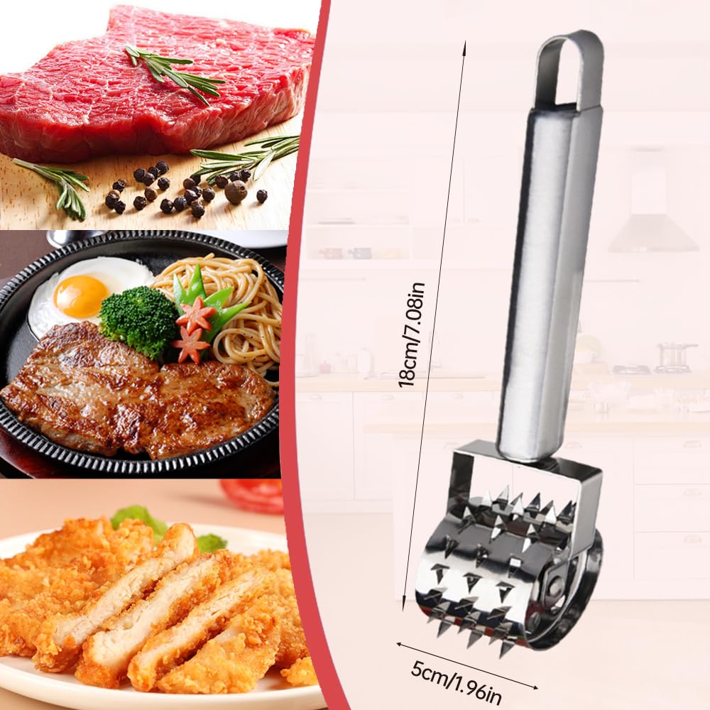 Meat Tenderizer, 2024 New Stainless Steel Meat Tenderizer Roller Rolling Hammer-Pizza Roll Meat Needle Pin Hole Punch for Steak Chicken Pork Beef