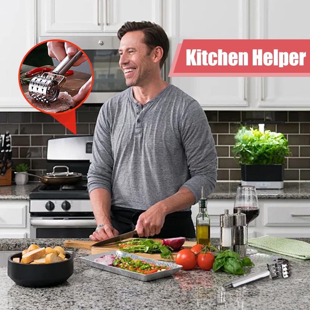 Meat Tenderizer, 2024 New Stainless Steel Meat Tenderizer Roller Rolling Hammer-Pizza Roll Meat Needle Pin Hole Punch for Steak Chicken Pork Beef